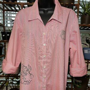 Las Olas Red Pinstripe Rhinestone Elephant Button Down Shirt Cotton Women Large
